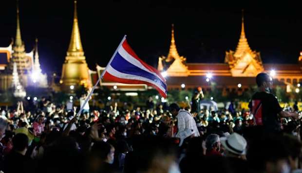 Pro-democracy protesters attend a mass rally to call for the ouster of Prime Minister Prayuth Chan-ocha's government and reforms in the monarchy, in Bangkok, Thailand