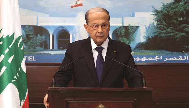 A handout picture provided by the Lebanese photo agency Dalati and Nohra yesterday, shows President Michel Aoun talking to the press at the presidential palace in Baabda.