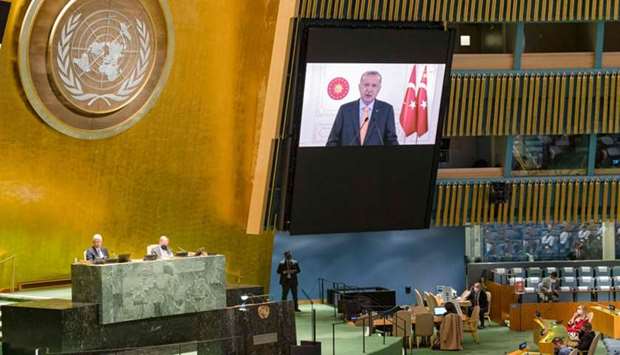 President of of Turkey, Recep Tayyip Erdogan(on screen), as he addresses the general debate of the seventy-fifth session of the United Nations General Assembly at the UN in New York. AFP/UNITED NATIONS/RICK BAJORNAS/HANDOUT