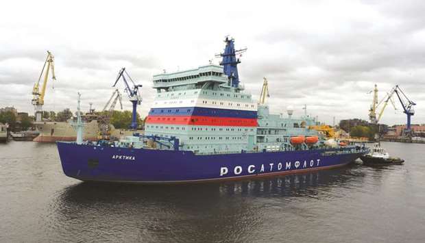 Nuclear-powered icebreaker Arktika leaves the port of Saint Petersburg for its maiden voyage to its future home port of Murmansk in northwestern Russia.