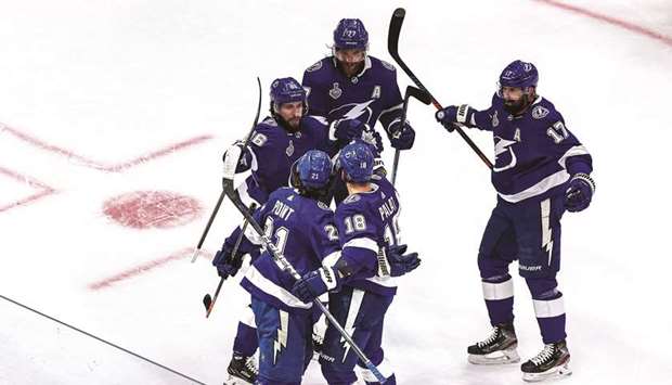 Tampa Bay Lightning players celebrate after defeating Dallas Stars in the Game Two of the 2020 NHL Stanley Cup Final at Rogers Place in Edmonton, Alberta. (Getty Images/AFP)
