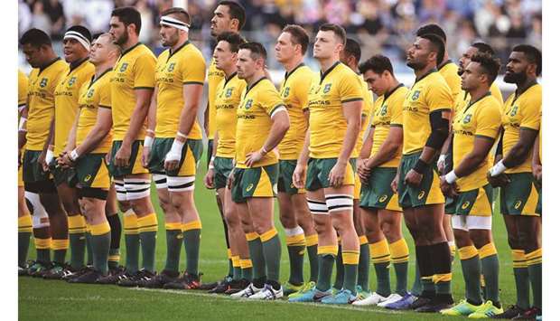 In this October 27, 2018, picture, Australiau2019s players line up before the Bledisloe Cup rugby union Test against New Zealand All Blacks in Yokohama, Japan. (AFP)