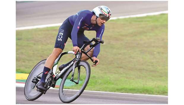 Italyu2019s Filippo Ganna in action during the menu2019s elite individual time trial in Imola yesterday.