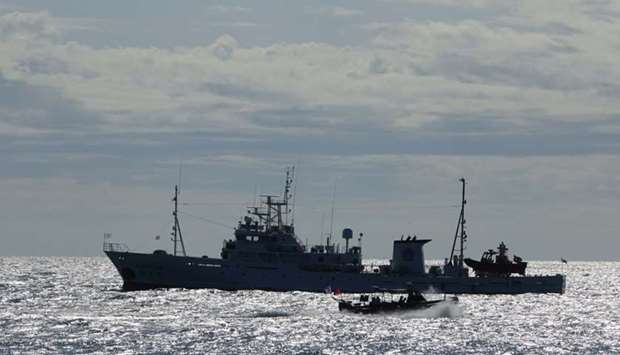 The South Korean Mugunghwa 10 fisheries patrol vessel is seen anchored off the western border island of Yeonpyeong today. North Korean soldiers shot dead a suspected South Korean defector at sea and burned his body as a coronavirus precaution after he was interrogated in the water over several hours, Seoul military officials said yesterday. AFP/Yonhap