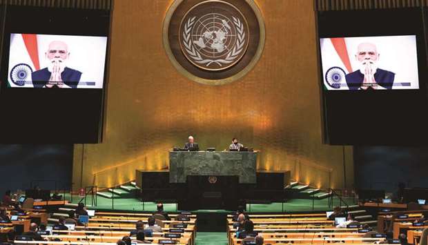 This UN handout photo shows Prime Minister Narendra Modi, as he virtually addresses the general debate of the 75th session of the United Nations General Assembly, yesterday.
