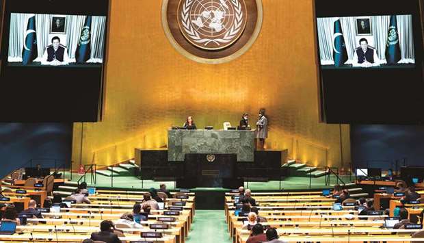 This UN handout photo shows Prime Minister Imran Khan as he virtually addresses the general debate of the 75th session of the United Nations General Assembly in New York.