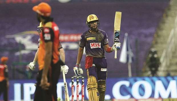 Shubman Gill of Kolkata Knight Riders raises his bat after reaching his fifty against Sunrisers Hyderabad in Abu Dhabi yesterday. PICTURE: Sportzpics for BCCI