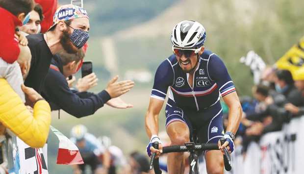 Franceu2019s Julian Alaphilippe in action during the Menu2019s Elite Road Race in Imola yesterday.