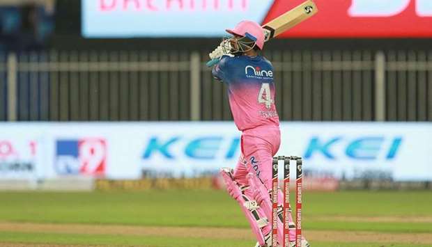Rahul Tewatia of Rajasthan Royals in action during their Indian Premier League match against Kings XI Punjab held at the Sharjah Cricket Stadium yesterday. (BCCI)