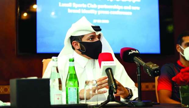 Lusail Sports Club's President Nawaf al-Mudahka speaks to the media at a press conference