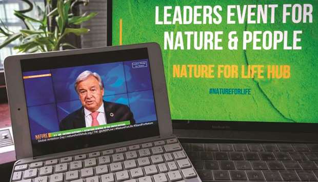 UN Secretary-General Antonio Guterres addressing the virtual event, entitled u201cLeadersu2019 Pledge for Nature: United to Reverse Biodiversity Loss by 2030 for Sustainable Developmentu201d, during the 75th session of the United Nations General Assembly, on September 28, in New York.