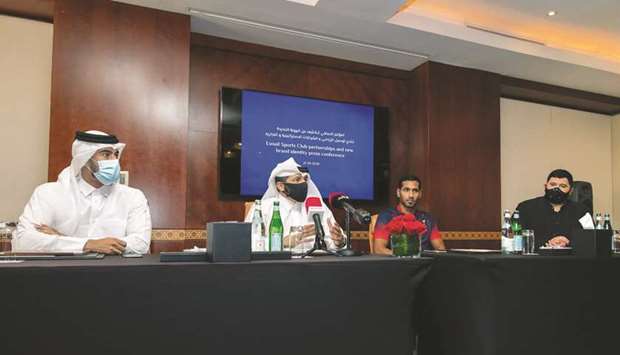 (From left) Lusail Sports Club official spokesman Abdulhadi al-Sahli, club President Nawaf al-Mudahka, team captain Khaled Nawaf and Cosette Solutionsu2019 CEO Omar Shamiyeh address a press conference yesterday.