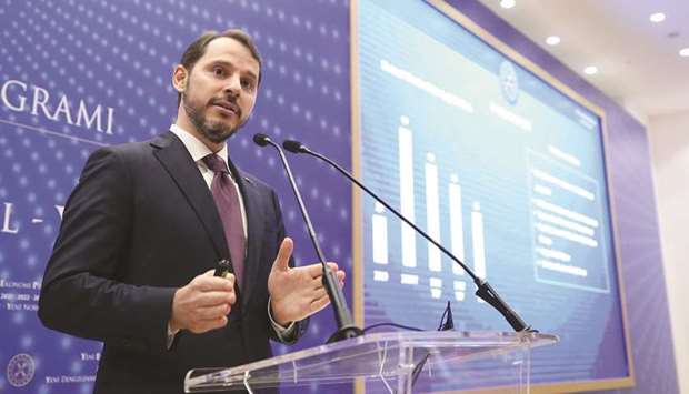 Turkish Finance Minister Berat Albayrak speaks during a presentation of the governmentu2019s new medium-term economic programme in Istanbul on September 29. Economic data u201cpoints to a strong V-type recovery in the economy from the third quarter and a clear turn to positive growth figuresu201d, Albayrak said.