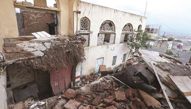 A picture shows a view of the wrecked roof of a historic building which collapsed due to floods, within the National Museum complex of Yemenu2019s third city of Taiz.