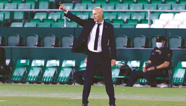 Real Madrid manager Zinedine Zidane reacts during their La Liga match against Real Betisin on Sunday. (Reuters)