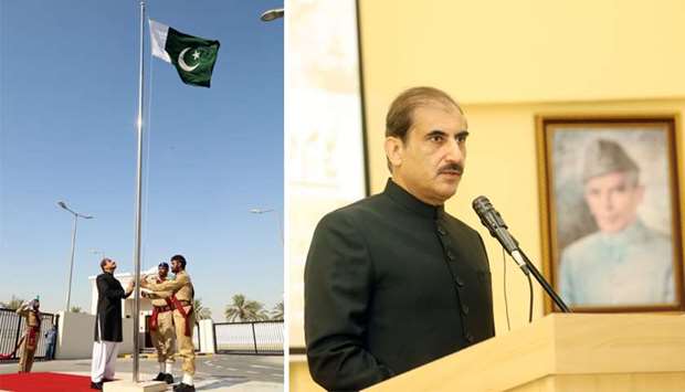 Hoisting the national flag; Syed Ahsan Raza Shah, Ambassador of Pakistan, addressing the gathering.
