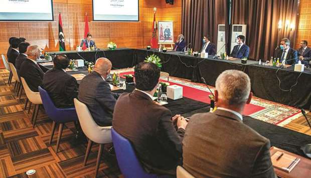 Nasser Bourita, Moroccou2019s Minister of Foreign Affairs and International Co-operation, chairs a meeting of representatives of Libyau2019s rival administrations in the coastal town of Bouznika, south of Rabat, yesterday.