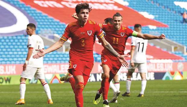 Walesu2019 Neco Williams celebrates scoring their first goal against Bulgaria at the Cardiff City Stadium in Cardiff yesterday. (Reuters)