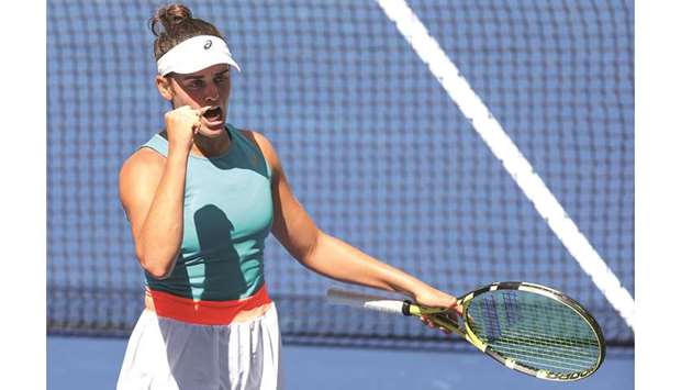 Jennifer Brady of the United States reacts during her quarter-final against Yulia Putintseva of Kazakhstan at the US Open yesterday.