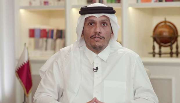 HE Sheikh Mohamed bin Abdulrahman al-Thani speaking at the virtual event held to mark the International Day to Protect Education from Armed Attack.