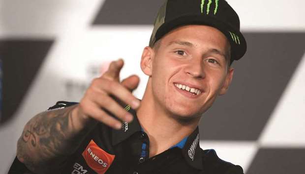 Yamaha French rider Fabio Quartararo attends a press conference ahead of the Moto Grand Prix of Aragon at the Motorland Circuit in Alcaniz yesterday. (AFP)