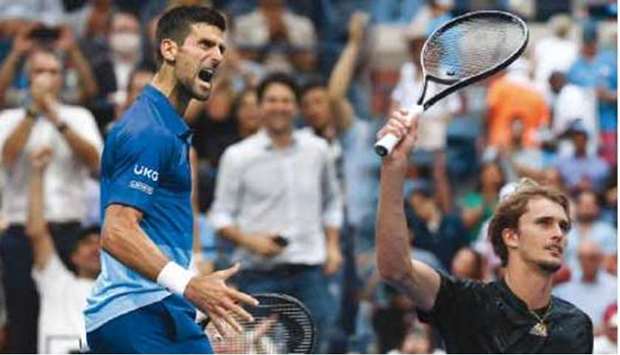The combination picture shows Serbiau2019s Novak Djokovic celebrate his win over Italyu2019s Matteo Berrettini (not pictured) during their US Open quarter-final in New York in the early hours yesterday. (Right) Alexander Zverev of Germany is next up for the World No. 1. (AFP)