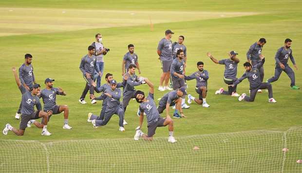 Pakistanu2019s players attend a practice session at the Rawalpindi Cricket Stadium in Rawalpindi yesterday. (AFP)