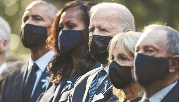 US former president Barack Obama, former first lady Michelle Obama, President Joe Biden, First Lady Jill Biden and former New York City mayor Michael Bloomberg attend the annual September 11 commemoration ceremony at the National 9/11 Memorial and Museum in New York City yesterday.