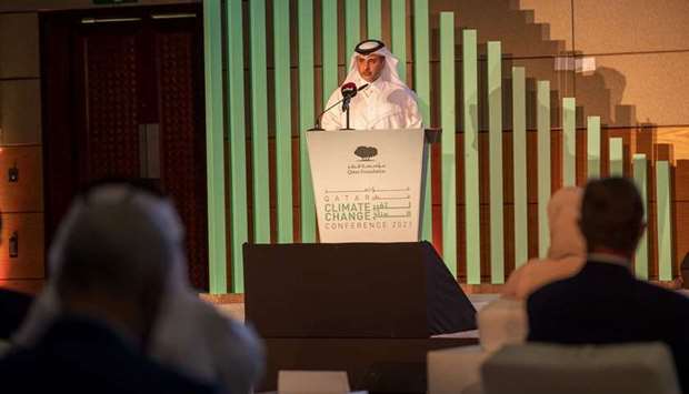 HE the Minister of Municipality and Environment and Acting Minister of State for Cabinet Affairs Dr Abdullah bin Abdulaziz bin Turki al-Subaie speaking during Qatar Climate Change Conference 2021