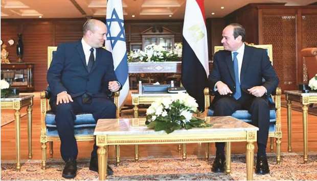 Egyptian President Abdel Fattah al-Sisi meets with Israeli Prime Minister Naftali Bennett, in the Red Sea resort of Sharm el-Sheikh, Egypt, yesterday in this handout picture courtesy of the Egyptian Presidency.