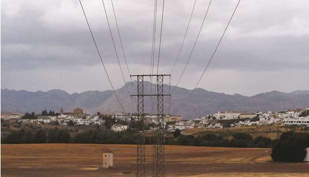 Power lines connecting pylons of high-tension electricity are seen at a substation on the outskirts of Ronda, Spain, yesterday. Gas and power prices extended gains in Europe on Tuesday, reaching records in countries including Germany, France, Spain and the UK.