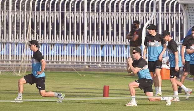 New Zealand players warm up during a practice session in Rawalpindi, Pakistan, yesterday. (AFP)