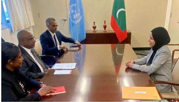HE the Permanent Representative of Qatar to the United Nations Ambassador Sheikha Alya Ahmed bin Saif Al-Thani meets with President-elect of the 76th session of the UN General Assembly Abdulla Shahid.