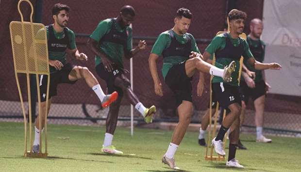 Al Arabi players train ahead of their QNB Stars League match against Al Duhail.