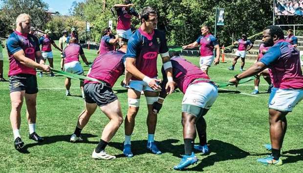 South African players train in Brisbane yesterday.
