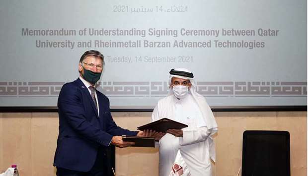 The MoU was signed by Dr. Omar Al-Ansari, Vice President Academic Affairs at QU and Andre Conradie, Chief Executive Of?cer of Rheinmetall Barzan Advanced Technologies