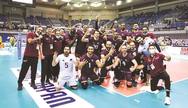 Qatar players celebrate after their win over Australia at the Asian Volleyball Championship in Chiba, Japan, on Thursday.