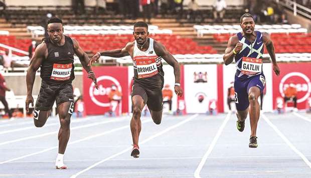 (From L to R) Kenyau2019s Ferdinand Omanyala, Bromell Trayvon of the US and Gatlin Justin of the US compete in the menu2019s 100m race of the Kip Keino Classic-World Athletics Continental Tour 2021 at the Kasaramni Stadium in Nairobi yesterday. (AFP)