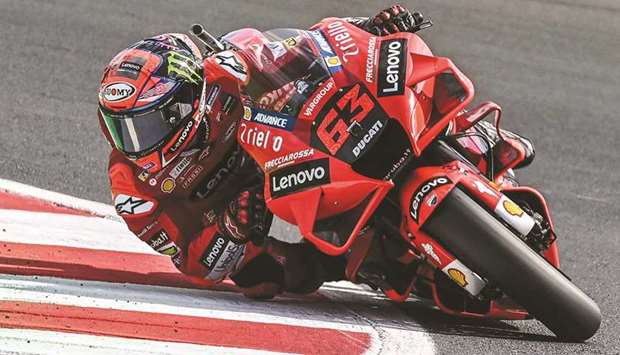 Ducati Italian rider Francesco Bagnaia rides his bike during the fourth free practice session ahead of the San Marino MotoGP Grand Prix at the Misano World Circuit Marco-Simoncelli in Misano Adriatico, Italy, yesterday. (AFP)
