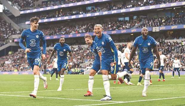 Chelseau2019s Brazilian defender Thiago Silva (second right) celebrates with teammates after scoring against Tottenham Hotspur during the English Premier League match at Tottenham Hotspur Stadium in London, yesterday. (AFP)