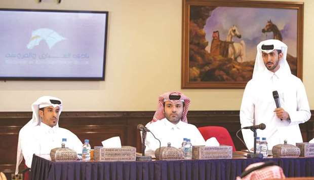 Head of the QREC Horse Show Section Hassan Abdulla al-Mannai and Deputy Head of the Horse Show Section Saad Ali al-Kubaisi take part in the meeting with show horse owners at the QREC yesterday.