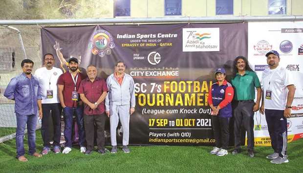 Indian Sports Centre president Dr Mohan Thomas and other officials during opening ceremony of the ISC 7u2019s football tournament.