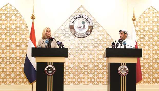 HE the Deputy Prime Minister and Minister of Foreign Affairs Sheikh Mohamed bin Abdulrahman al-Thani and Foreign Minister of the Netherlands Sigrid Kaag, addressing a joint press conference in Doha on Wednesday
