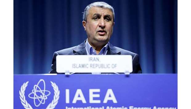 Iranian Atomic Energy Agency (IAEA) chief Mohamed Eslami delivers his speech at the opening of the IAEA General Conference at their headquarters in Vienna, Austria, yesterday.