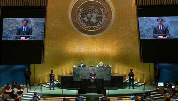 His Highness the Amir Sheikh Tamim bin Hamad Al-Thani deliverers a speech at the General Debate of the 76th session of the United Nations General Assembly.