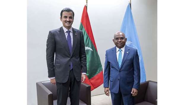 His Highness the Amir Sheikh Tamim bin Hamad Al-Thani meets with the President of the 76th Session of the United Nations General Assembly Abdulla Shahid