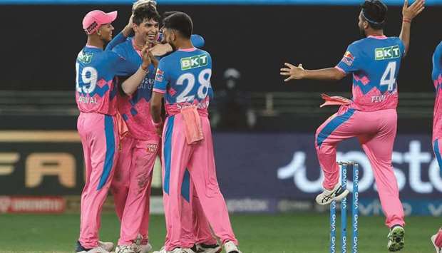 Kartik Tyagi (second from left) of Rajasthan Royals celebrates after taking a wicket during the IPL match against the Punjab Kings at the Dubai International Stadium. (SPORTZPICS for BCCI)