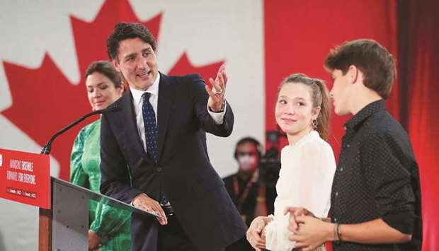 Canadau2019s Prime Minister Justin Trudeau, accompanied by his wife Sophie Gregoire thanks their children Ella-Grace and Xavier during the Liberal election night party in Montreal, Quebec, Canada.