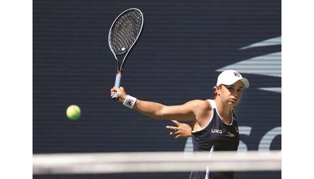 Ashleigh Barty of Australia hits a shot against Clara Tauson (not pictured) of Denmark during their US Open second round match at USTA Billie Jean King National Tennis Center in Flushing neighbourhood of Queens, New York, yesterday. (USA TODAY Sports)