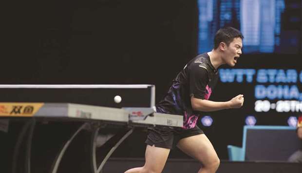 South Koreau2019s Cho Seungmin celebrates after his win against top seed Dimitrij Ovtcharov at the WTT Star Contender at Lusail Sports Arena yesterday.